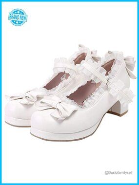 Women Kawaii Mid Block Heel Mary Jane Pumps with Bow Rockabilly Cosplay Shoes